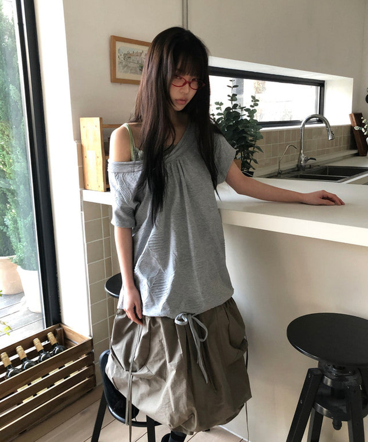 ビッグドットオフショルダー半袖Tシャツ MELANGE