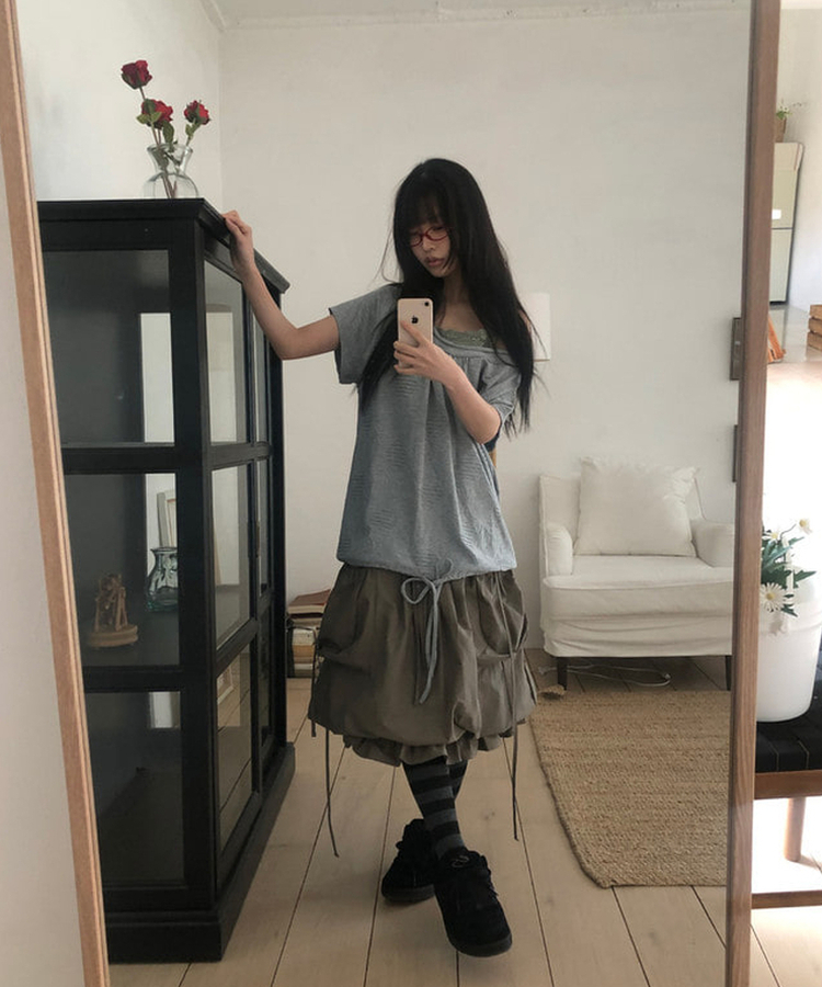 ビッグドットオフショルダー半袖Tシャツ MELANGE