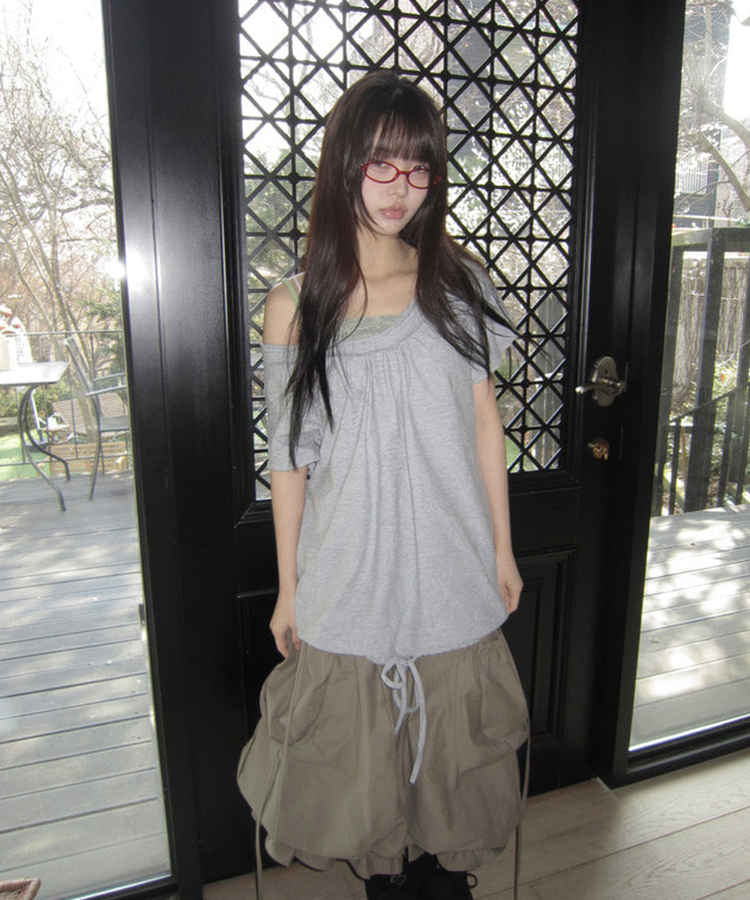 ビッグドットオフショルダー半袖Tシャツ MELANGE