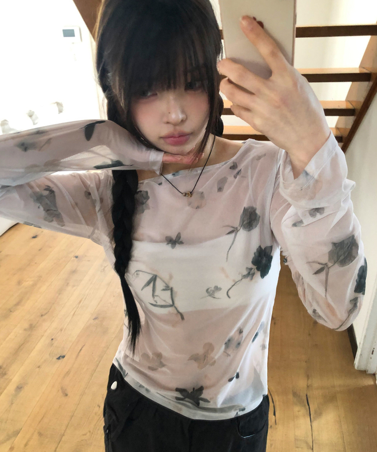 フラワーシースルー長袖Tシャツ BEIGE