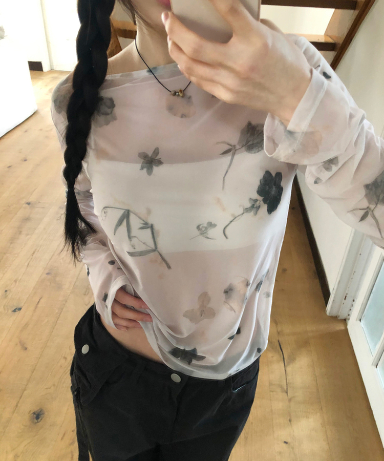 フラワーシースルー長袖Tシャツ BEIGE