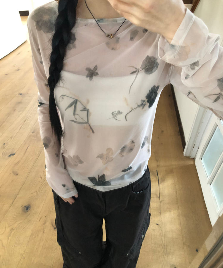 フラワーシースルー長袖Tシャツ BEIGE