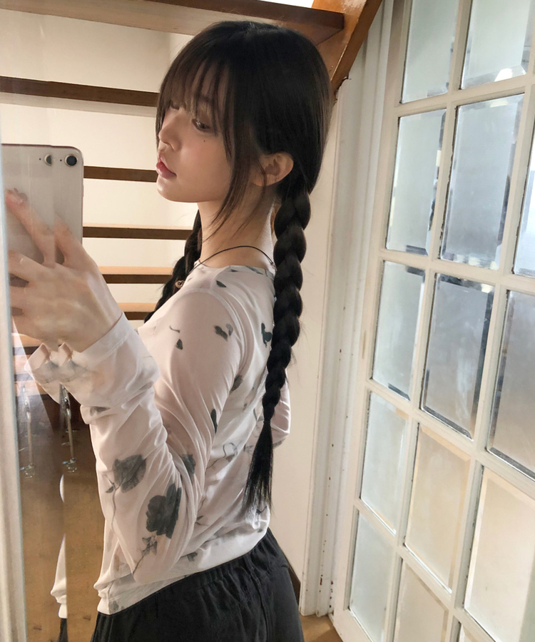 フラワーシースルー長袖Tシャツ BEIGE