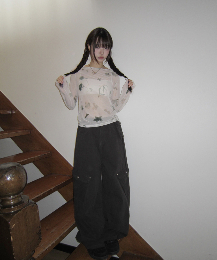 フラワーシースルー長袖Tシャツ BEIGE