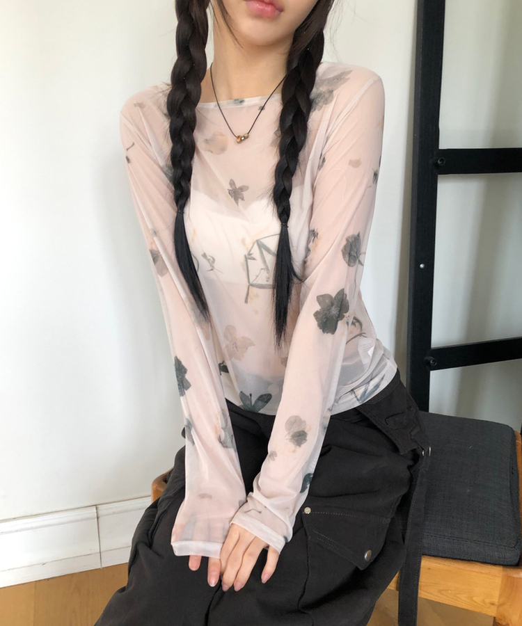 フラワーシースルー長袖Tシャツ BEIGE