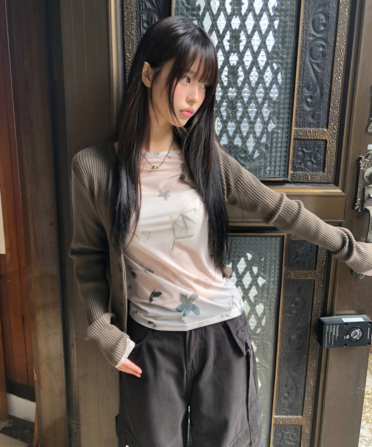 フラワーシースルー長袖Tシャツ BEIGE