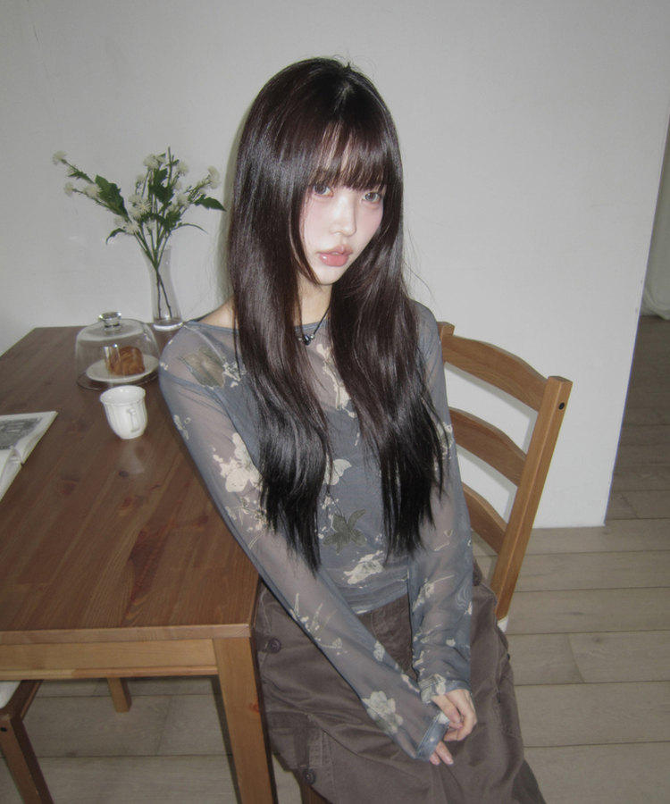 フラワーシースルー長袖Tシャツ CHARCOAL