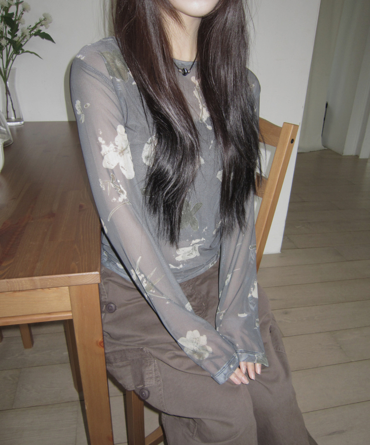 フラワーシースルー長袖Tシャツ CHARCOAL