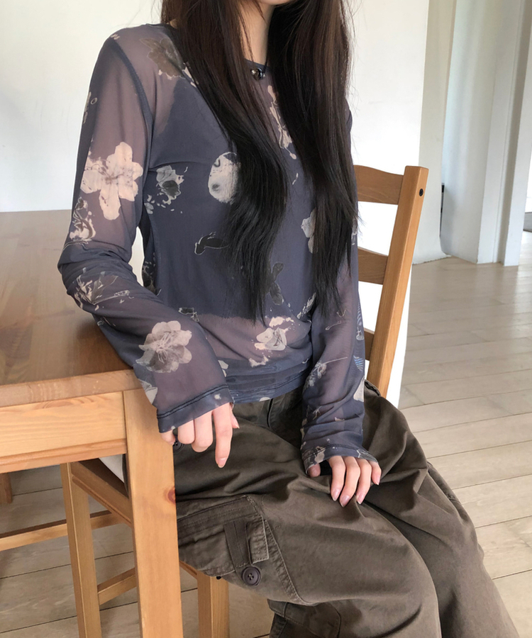 フラワーシースルー長袖Tシャツ CHARCOAL