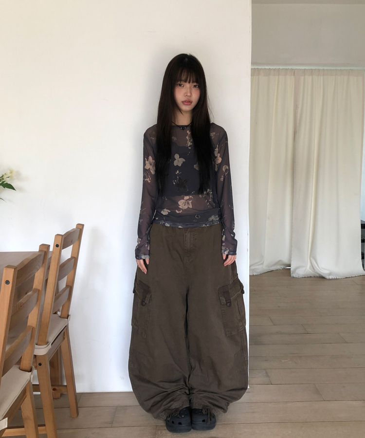 フラワーシースルー長袖Tシャツ CHARCOAL