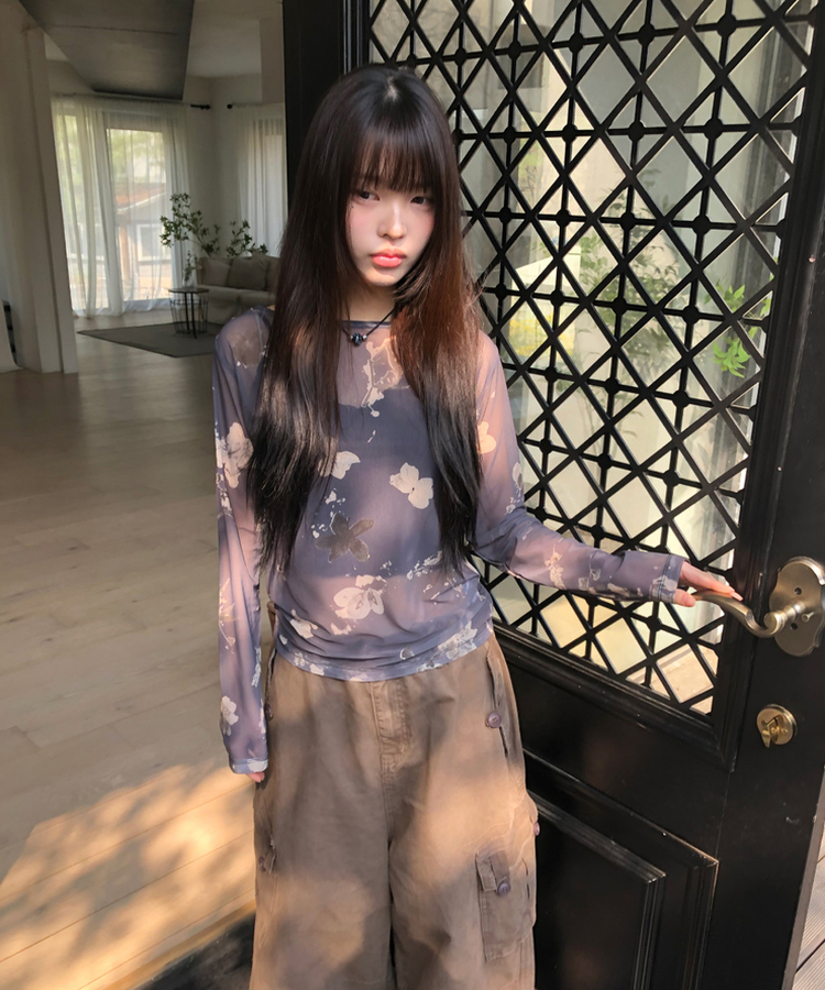 フラワーシースルー長袖Tシャツ CHARCOAL