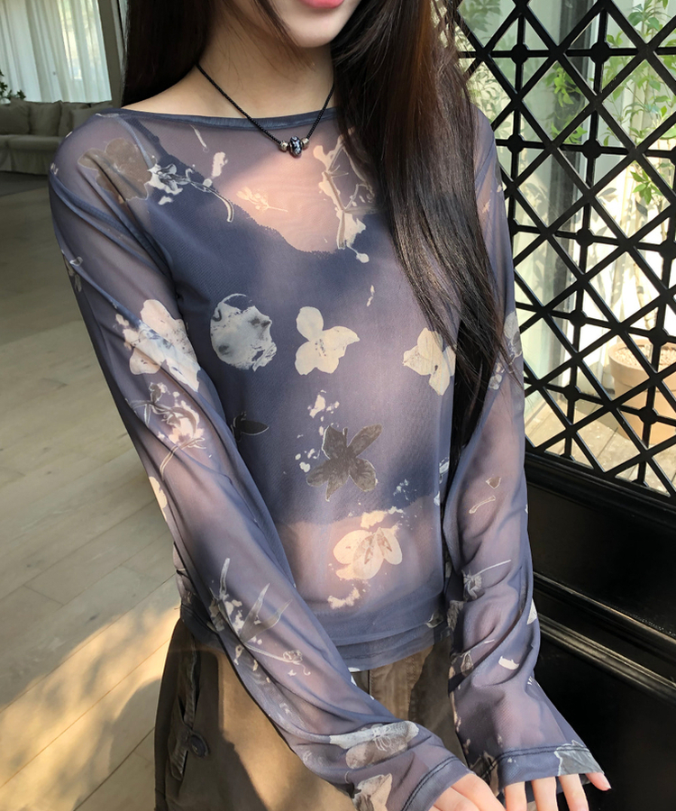 フラワーシースルー長袖Tシャツ CHARCOAL