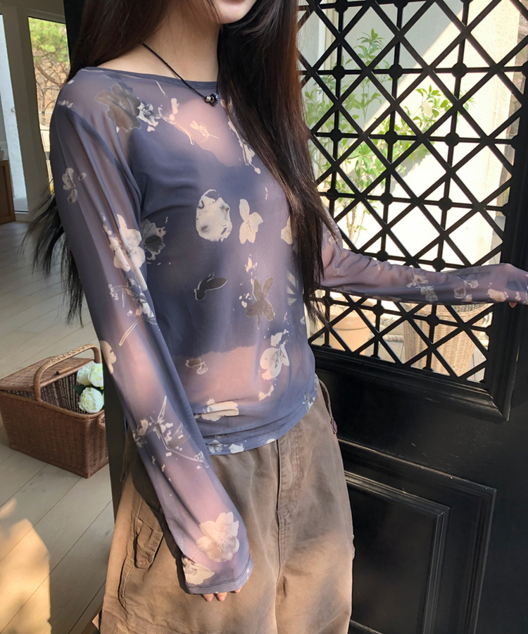 フラワーシースルー長袖Tシャツ CHARCOAL