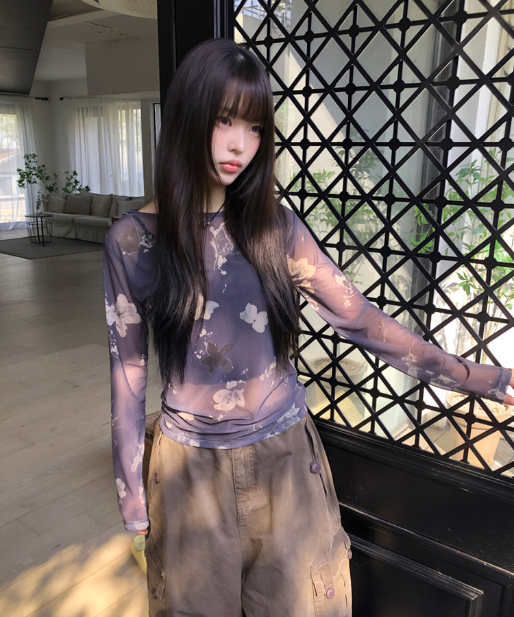 フラワーシースルー長袖Tシャツ CHARCOAL