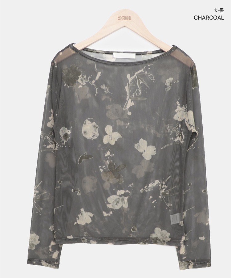 フラワーシースルー長袖Tシャツ