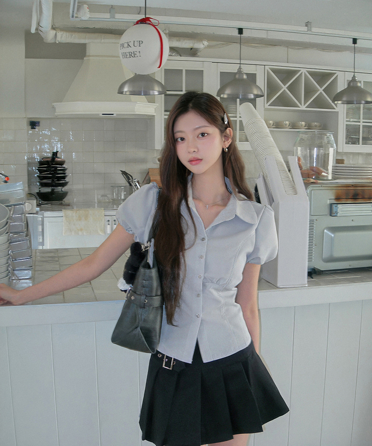 ピンタックパフ半袖シャツブラウス GREY