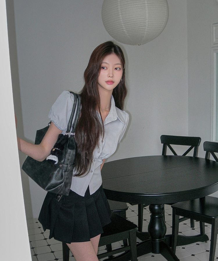 ピンタックパフ半袖シャツブラウス GREY