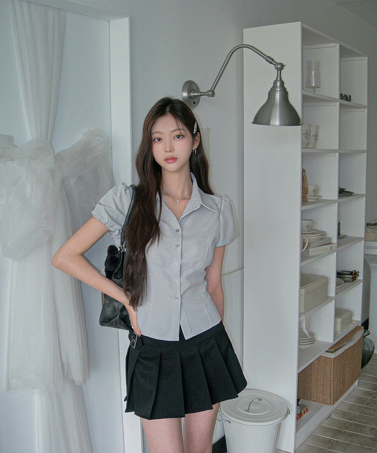 ピンタックパフ半袖シャツブラウス GREY