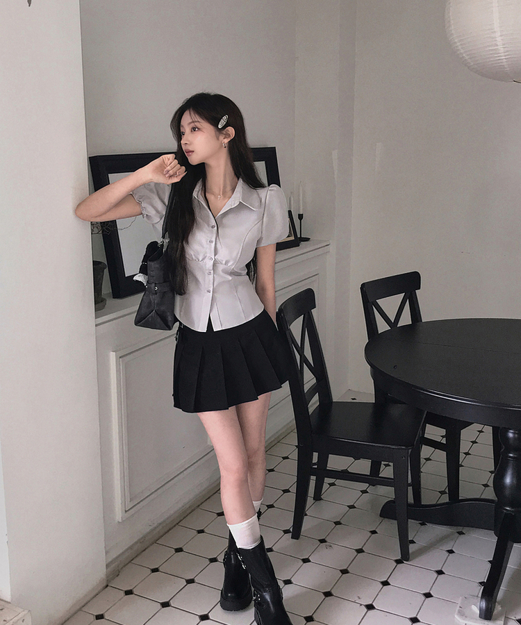 ピンタックパフ半袖シャツブラウス GREY