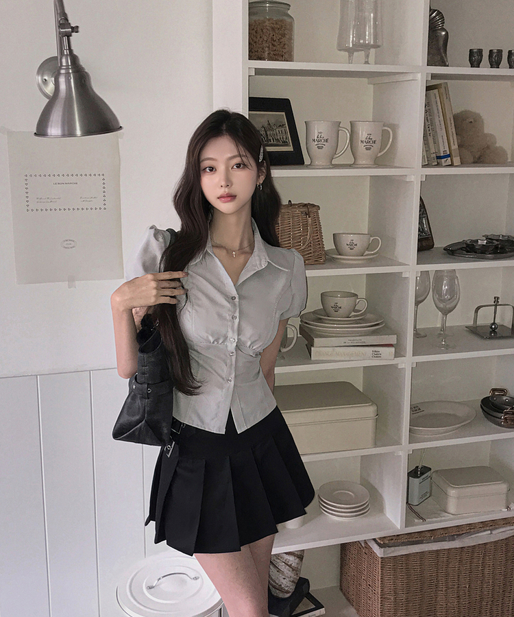 ピンタックパフ半袖シャツブラウス GREY