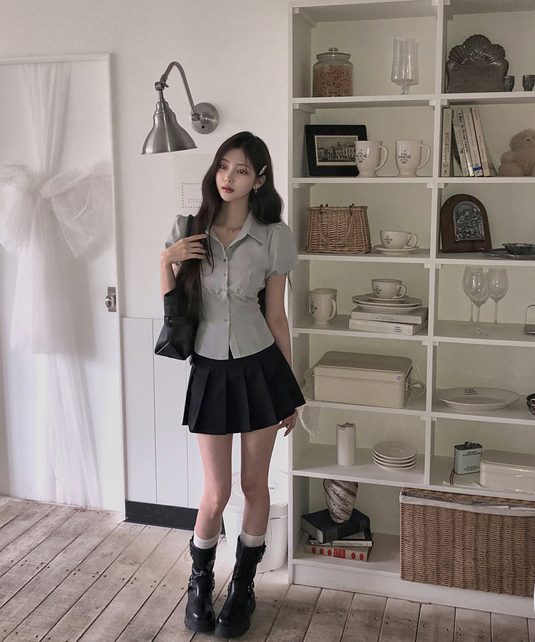 ピンタックパフ半袖シャツブラウス GREY