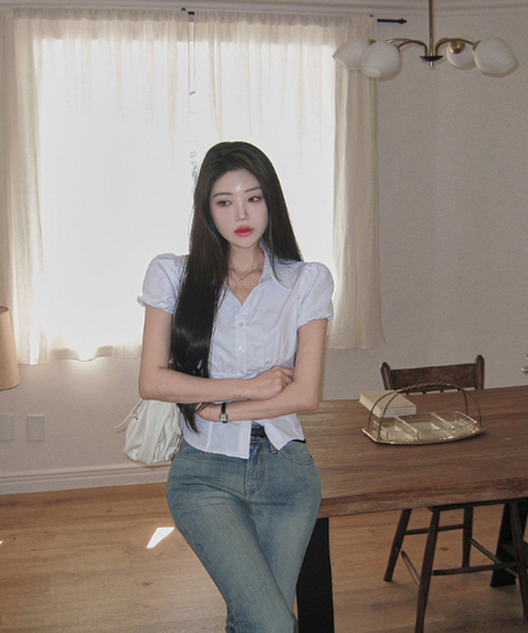 ピンタックパフ半袖シャツブラウス WHITE