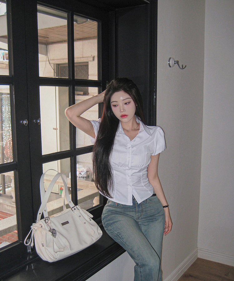 ピンタックパフ半袖シャツブラウス WHITE