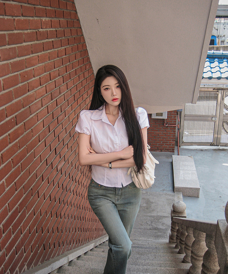 ピンタックパフ半袖シャツブラウス WHITE