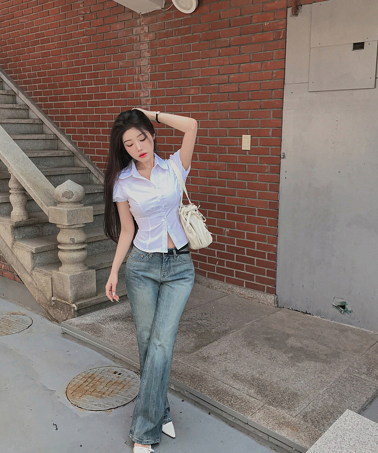 ピンタックパフ半袖シャツブラウス WHITE