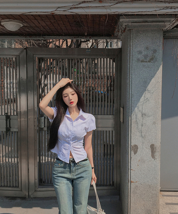 ピンタックパフ半袖シャツブラウス WHITE