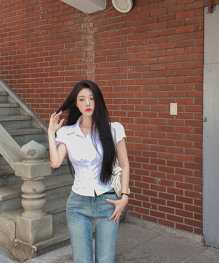 ピンタックパフ半袖シャツブラウス WHITE