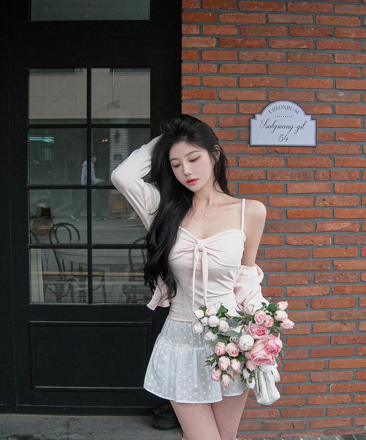 【SET】カップ付きリボンキャミソール＋カーディガン PINK