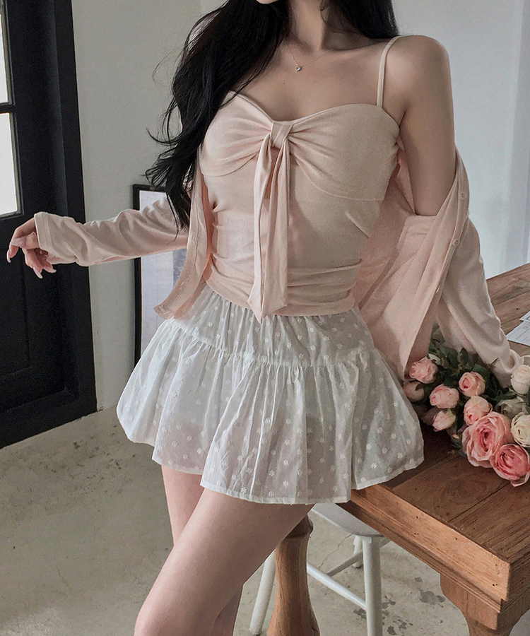 【SET】カップ付きリボンキャミソール＋カーディガン PINK