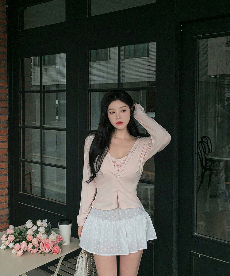 【SET】カップ付きリボンキャミソール＋カーディガン PINK