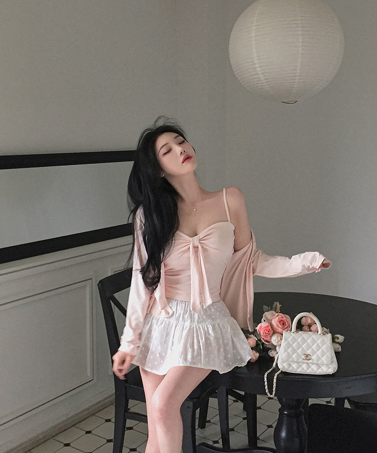 【SET】カップ付きリボンキャミソール＋カーディガン PINK