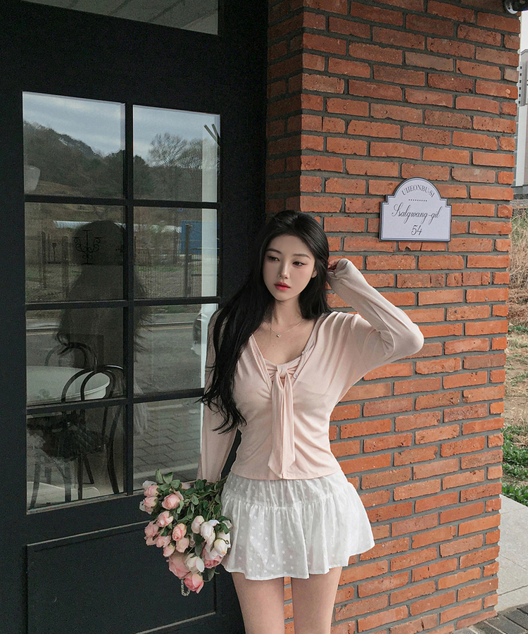 【SET】カップ付きリボンキャミソール＋カーディガン PINK