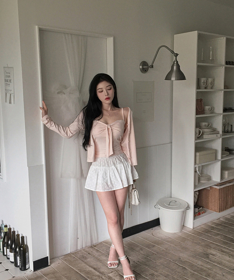 【SET】カップ付きリボンキャミソール＋カーディガン PINK