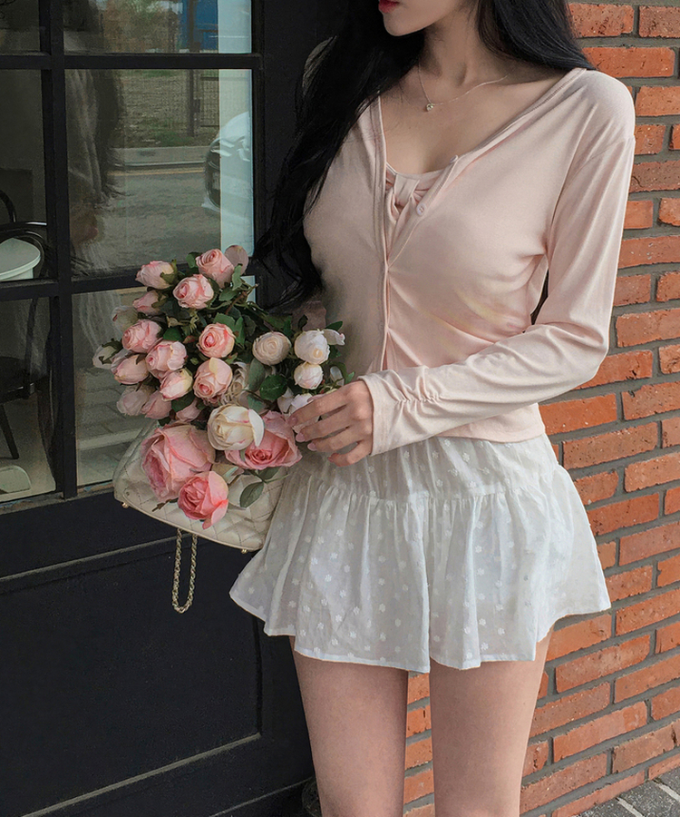 【SET】カップ付きリボンキャミソール＋カーディガン PINK