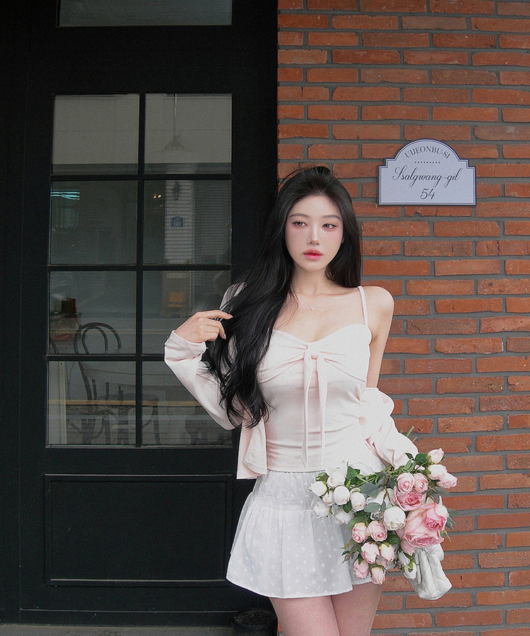 【SET】カップ付きリボンキャミソール＋カーディガン PINK