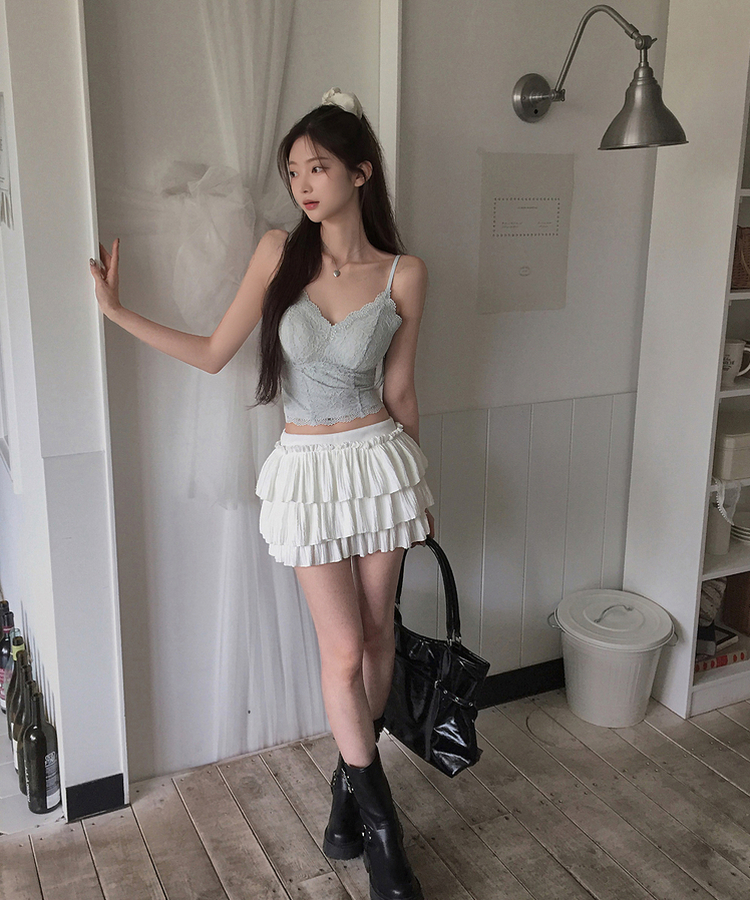 【カップ付き】レーススリムフィットキャミソール SKYBLUE