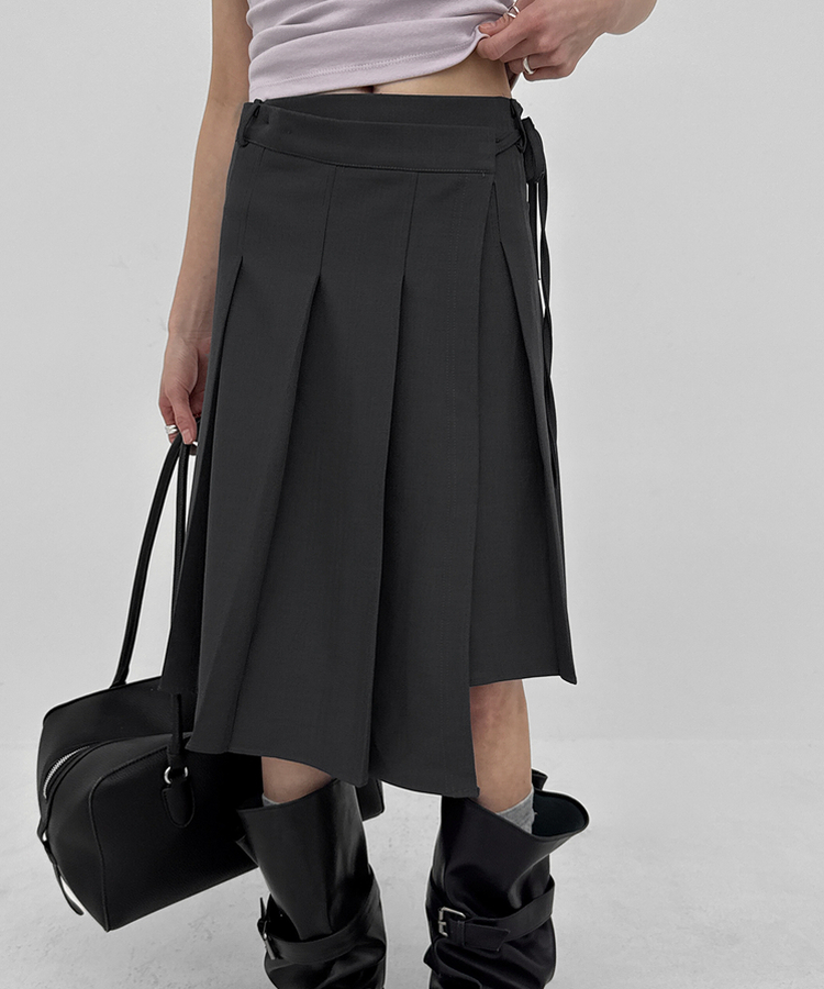 アンバランスプリーツラップミディスカート BLACK