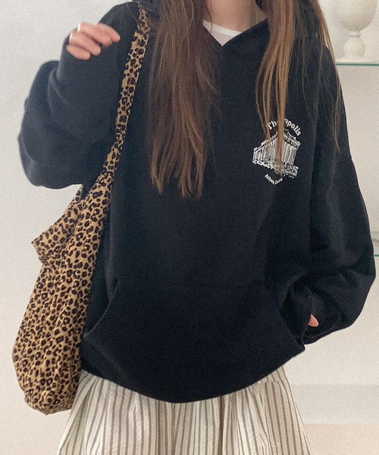 プリントオーバーフィットフードT BLACK