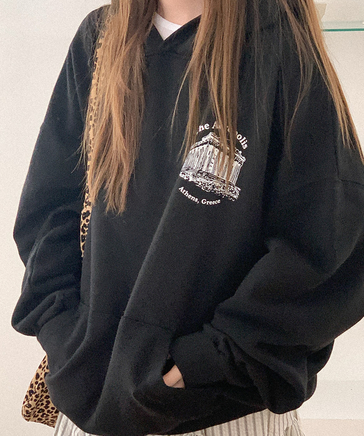 プリントオーバーフィットフードT BLACK