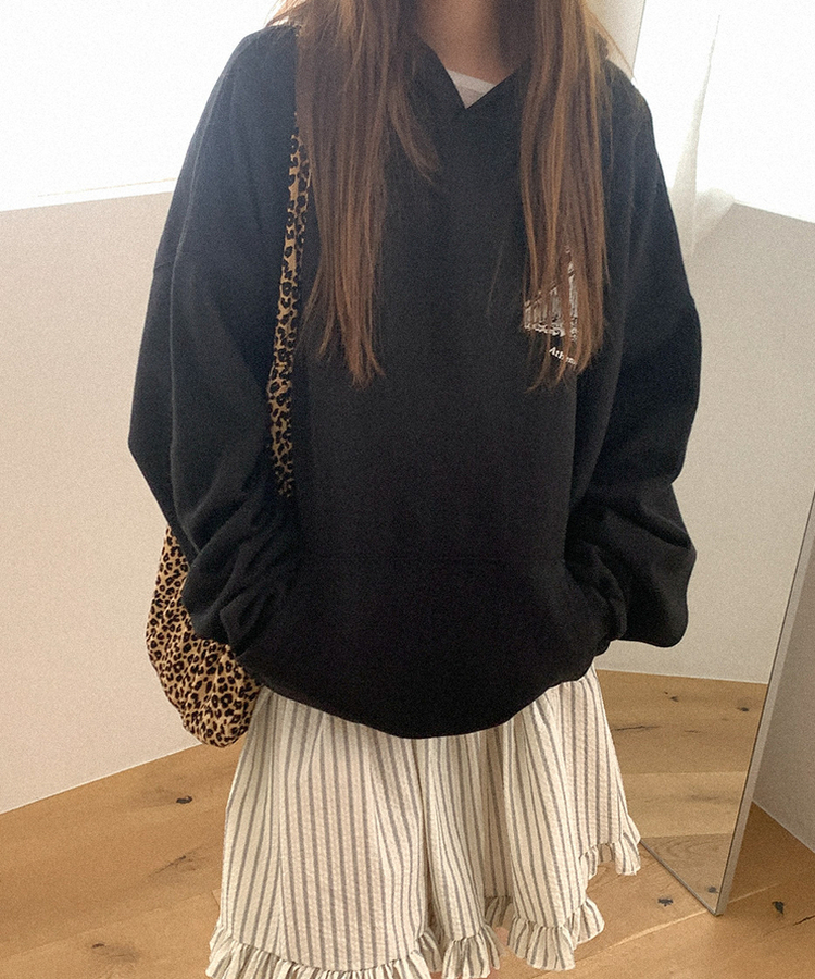 プリントオーバーフィットフードT BLACK