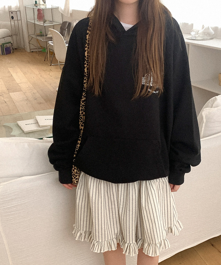 プリントオーバーフィットフードT BLACK