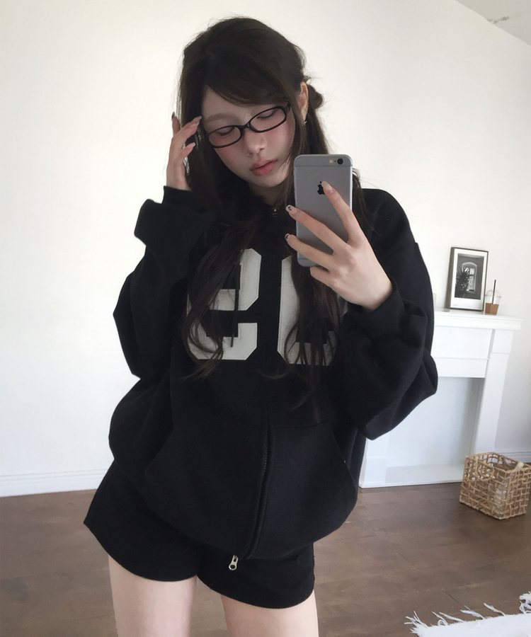 ナンバープリントフードジップアップ BLACK