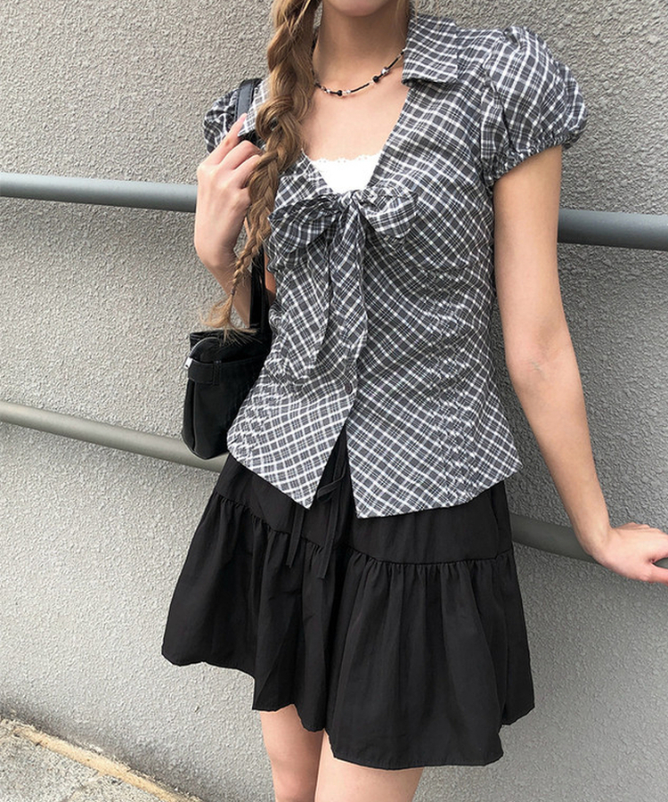 リボンパフVネックチェックシャツ GREY