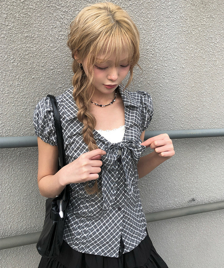 リボンパフVネックチェックシャツ GREY