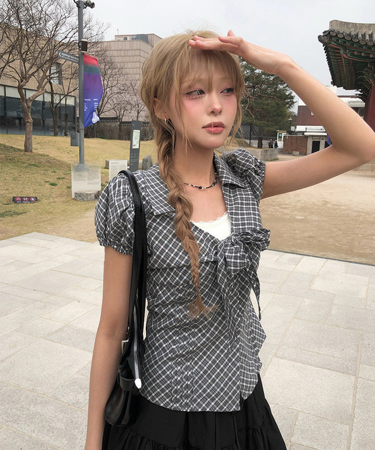 リボンパフVネックチェックシャツ GREY