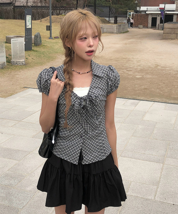 リボンパフVネックチェックシャツ GREY